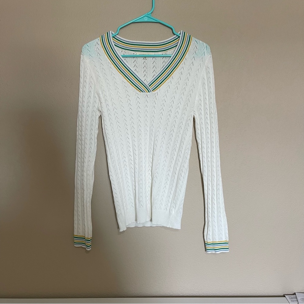 Copper Key White V-Neck Sweater with Green and Yellow Trim